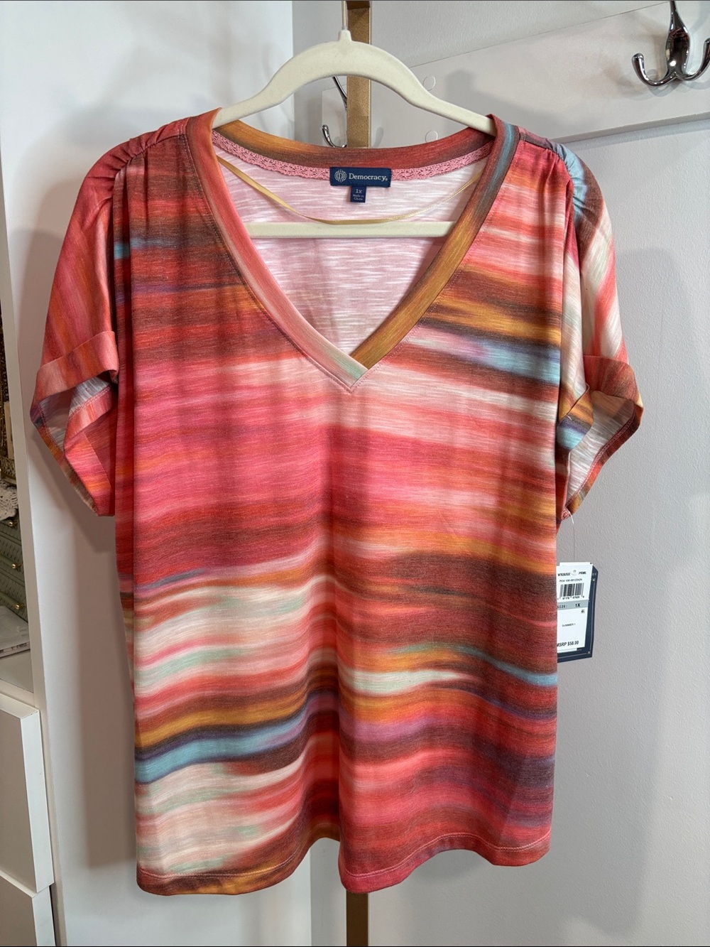 Democracy Multi-Stripe V-Neck Tee in Coral, Blue & Gold Tones
